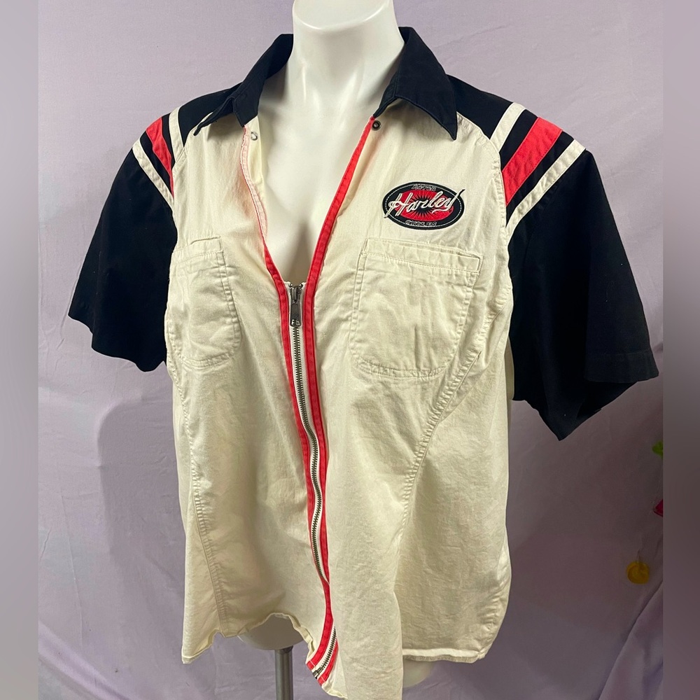 Vintage Harley Davidson Out Striped Full Zip Mechanic Shirt 3W